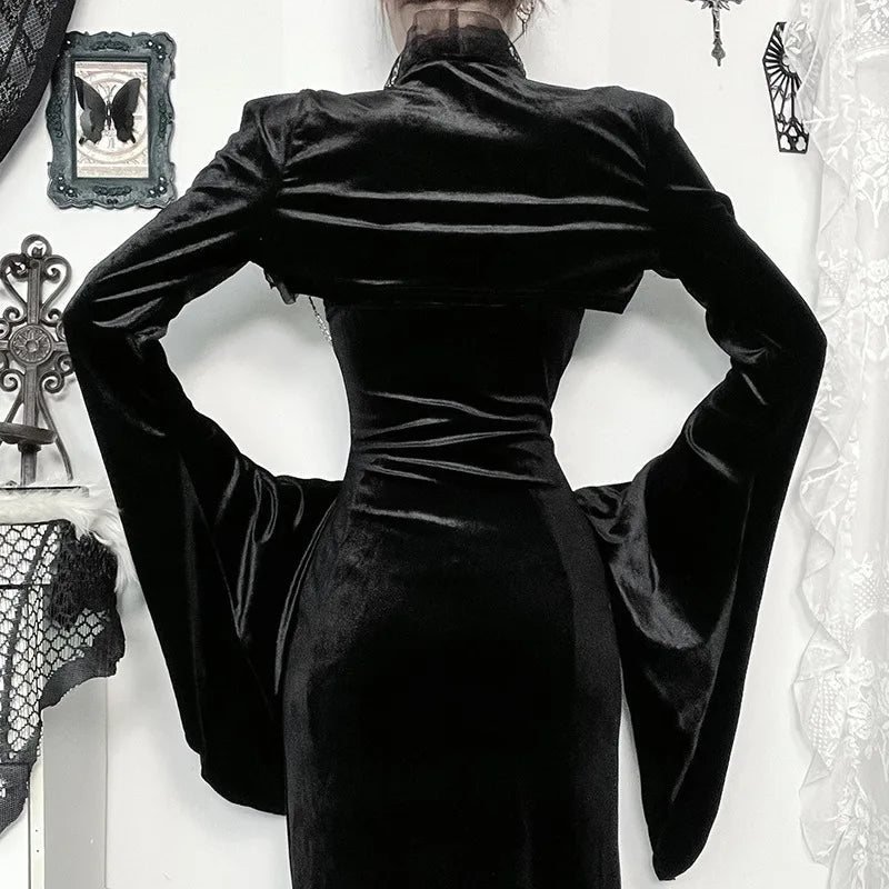 GothDark Flare Sleeve Lace up Crop Shrug Tops Elegant Velvet Chain Short Smock Coats Mall Gothic Women Slim Blouse Streetwear