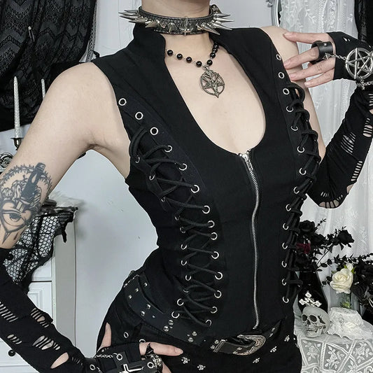 GothDark Punk Sleeveless Corn Bandage Tanks Top Women Chic Streetwear Slim Zip Vest Mall Gothic Techwear Summer Fashion T-Shirt