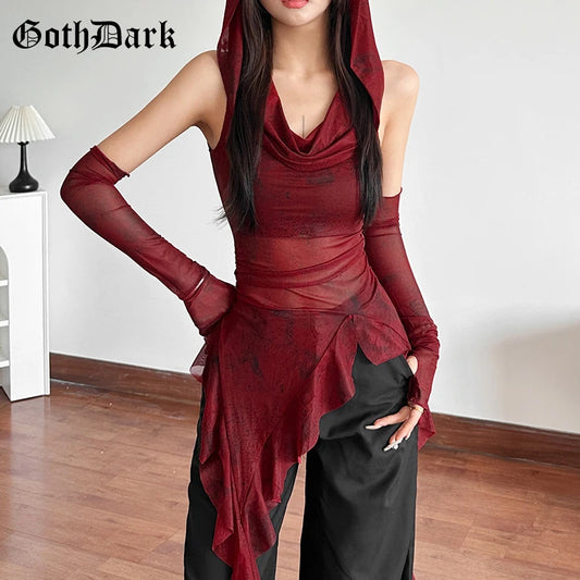 GothDark Streetwear 90S Grunge Mesh See through Hooded Tops Cyber Y2K Irregular Hem Ruffles Hoodie Women Slim Blouse with Cuffs