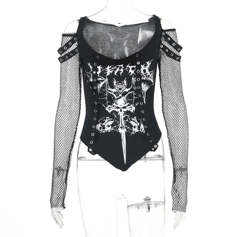 GothDark Mall Gothic Fishnet Stitch Long Sleeve T-Shirt Women Alt Techwear Punk Grunge Corn Print T-Shirts Chic Streetwear Tops