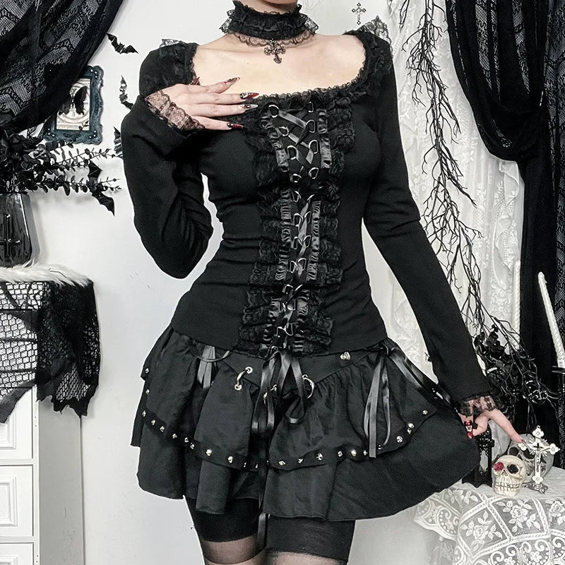 GothDark Elegant Fashion Lace Side Patchwork Long Sleeve Tops T-Shirts Mall Gothic Bandage Blouse Slim T-Shirt Women Techwear