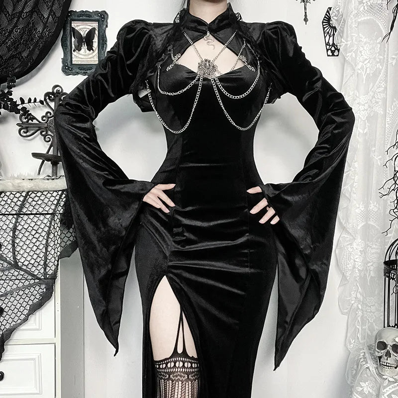 GothDark Flare Sleeve Lace up Crop Shrug Tops Elegant Velvet Chain Short Smock Coats Mall Gothic Women Slim Blouse Streetwear
