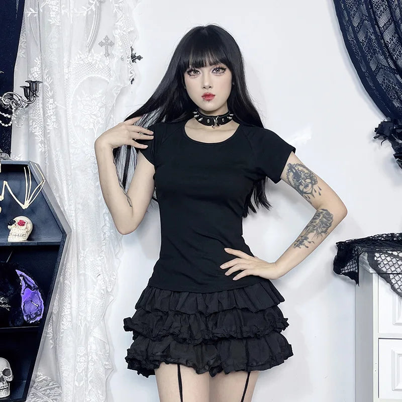 GothDark Gothic Fashion Backless Sheer Printed T-Shirt Women O-Neck Tees Streetwear Grunge Sexy Mesh T-Shirts Slim Alt Tops Y2K