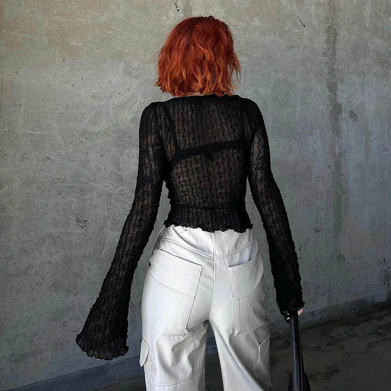 GothDark Folds Mall Gothic Lace up Sexy Blouses Grunge Y2K Fairycore Long Sleeve T-Shirts Female Transparent Skinny Fashion Tops