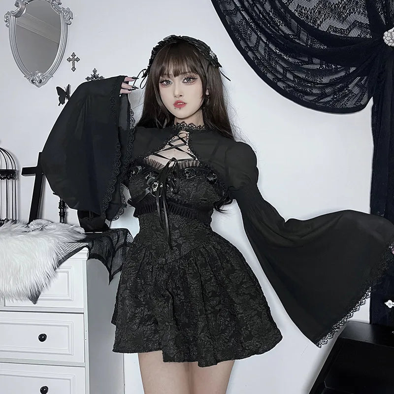 GothDark Elegant Lace up Mall Gothic Crop Shrug Tops Grunge Chiffon Flare Sleeve Blouses Female Black Emo Alternative Cover Up