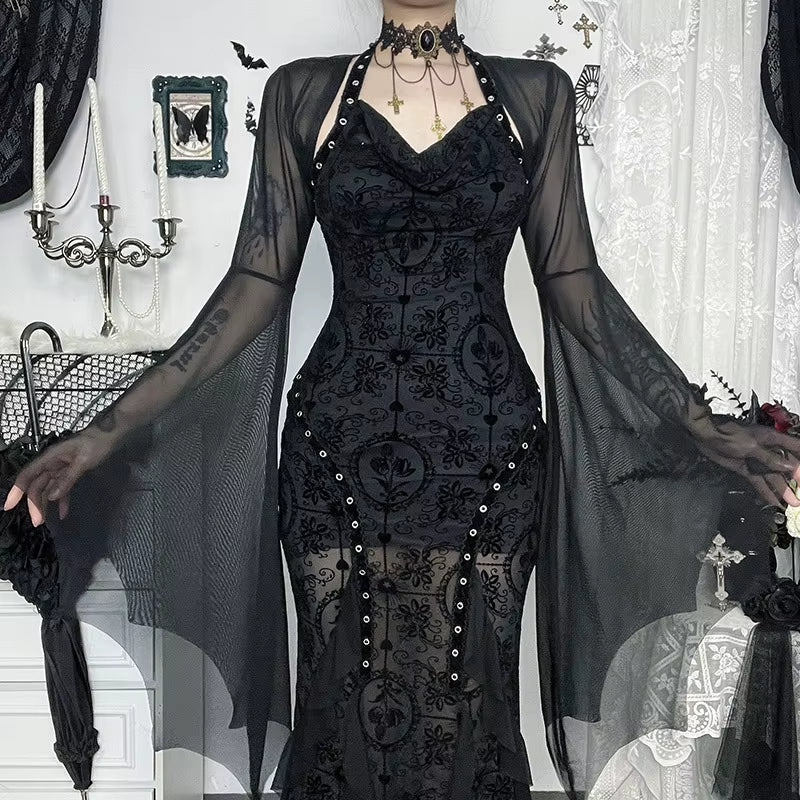 GothDark Mall Gothic Mesh See through Crop Shrug Tops Women Chic Coat Techwear Y2K Grunge Batwing Sleeve Sunscreen Smock Blouse