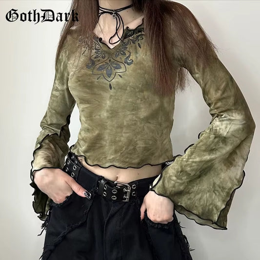 GothDark Vintage Tie Dye Print V-Neck Crop Tops Acubi Fashion Flare Sleeve T-Shirts Autumn Gothic Pullovers Tees Women Techwear