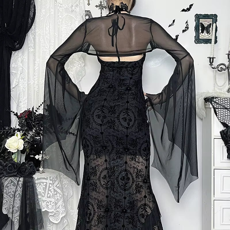 GothDark Mall Gothic Mesh See through Crop Shrug Tops Women Chic Coat Techwear Y2K Grunge Batwing Sleeve Sunscreen Smock Blouse