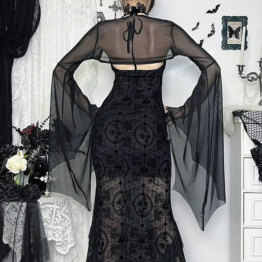 GothDark Mall Gothic Mesh See through Crop Shrug Tops Women Chic Coat Techwear Y2K Grunge Batwing Sleeve Sunscreen Smock Blouse