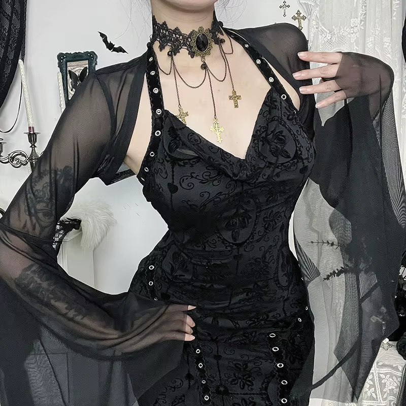 GothDark Mall Gothic Mesh See through Crop Shrug Tops Women Chic Coat Techwear Y2K Grunge Batwing Sleeve Sunscreen Smock Blouse